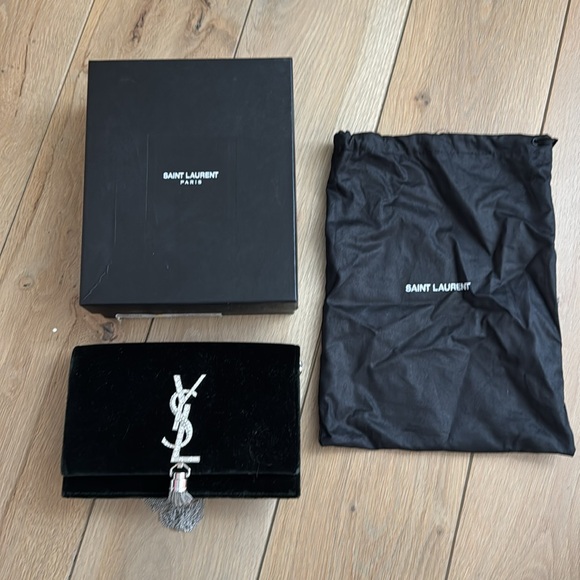 NWT YSL Saint Laurent Green Velvet Crystal Monogram Kate Clutch Chain Shoulder - Picture 5 of 8